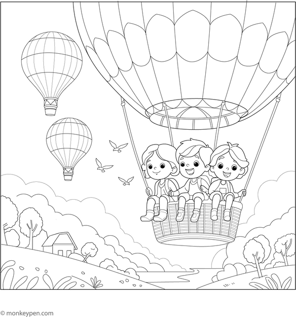 Kids in Hot Air Balloon Coloring Page