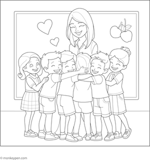 Kids Hugging Teacher Coloring Page