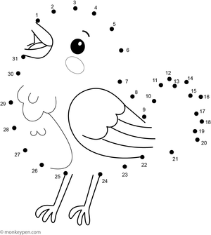 Educational dot-to-dot worksheet of a cartoon bird with wings, for children to connect and color.
