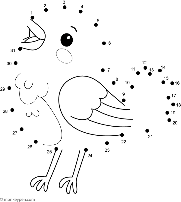 Educational dot-to-dot worksheet of a cartoon bird with wings, for children to connect and color.
