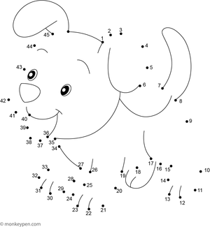 Printable dot to dot worksheet of a cartoon puppy with floppy ears, designed for children to connect and color.