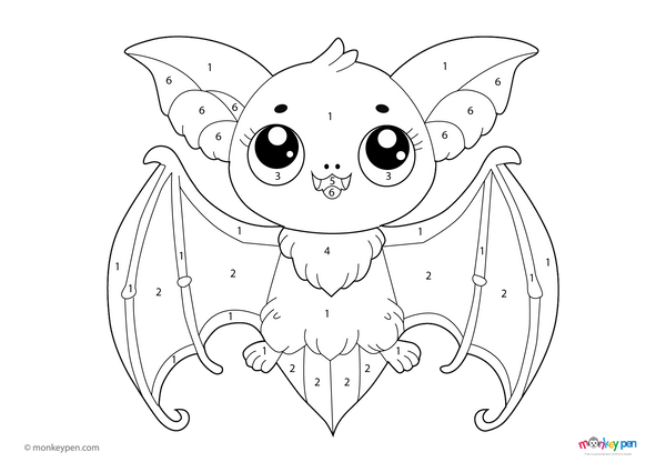 Color-by-number worksheet of a friendly vampire bat with wide wings and glowing eyes, perfect for kids to enjoy Halloween-themed learning through coloring.