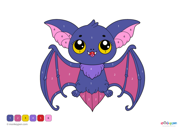 Color-by-number worksheet of a friendly vampire bat with wide wings and glowing eyes, perfect for kids to enjoy Halloween-themed learning through coloring.