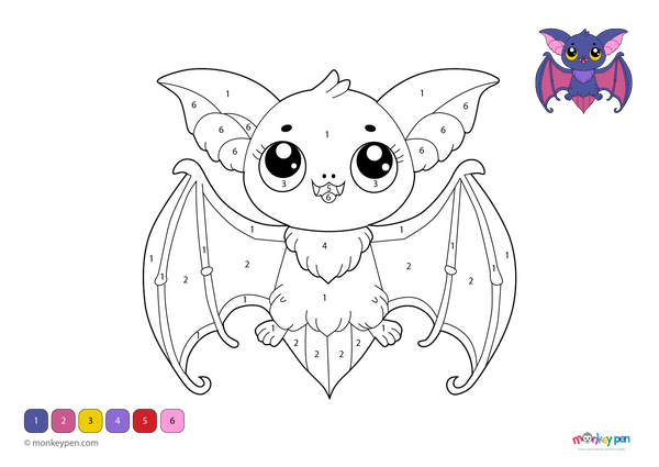 Color-by-number worksheet of a friendly vampire bat with wide wings and glowing eyes, perfect for kids to enjoy Halloween-themed learning through coloring.