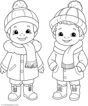 Kids in Winter Costume Coloring Page