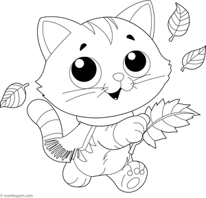 Cat Playing with Leaves Coloring Page