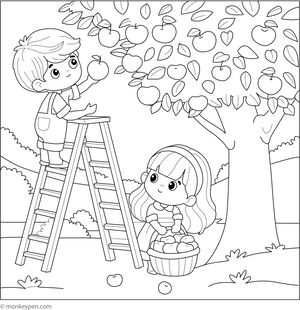 Kids Plucking Apples Coloring Page