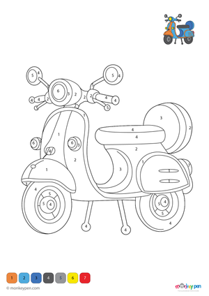 Free downloadable scooter color-by-number PDF for kids featuring a fun transportation scene with numbered sections on the wheels, frame, and handlebars—perfect for practicing numbers and colors while coloring.