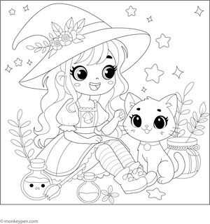 Cute Girl Witch Coloring Page – fun and educational printable for children
