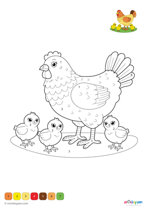 A free downloadable color by number PDF featuring a hen and her chicks—perfect for preschoolers to learn numbers while enjoying a fun farm animal coloring activity.