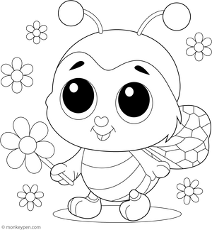 Cartoon Bee and Flowers Coloring Page – transportation-themed printable for kids