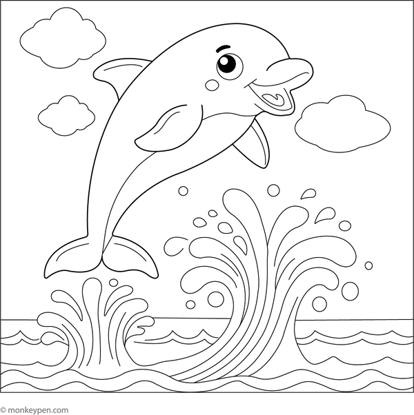 Cartoon Dolphin Jumping Coloring Page – transportation-themed printable for kids