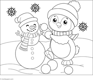 Penguin Making a Snowman Coloring Page