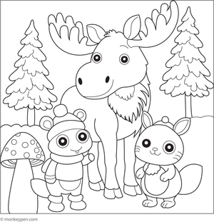 Coloring scene of a moose surrounded by forest animals such as rabbits, birds, and squirrels, perfect for nature-themed activities.  
