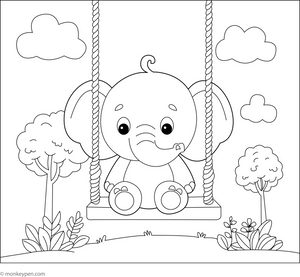 Baby Elephant on Swing Coloring Page