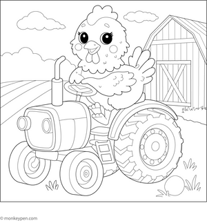 Chicken on a Tractor Coloring Page 