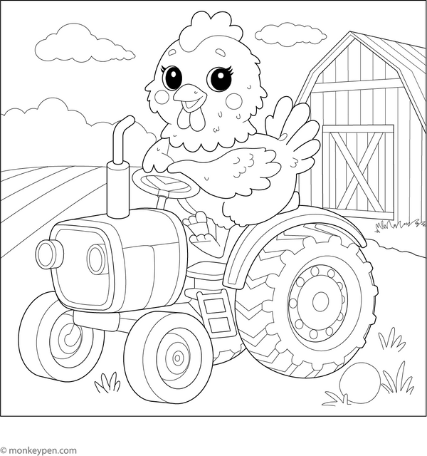 Chicken on a Tractor Coloring Page 