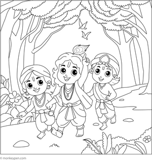 Krishna and Friends Coloring Page