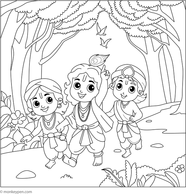 Krishna and Friends Coloring Page