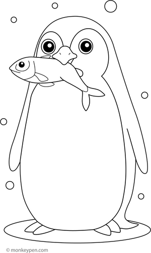 Penguin with Fish Coloring Page