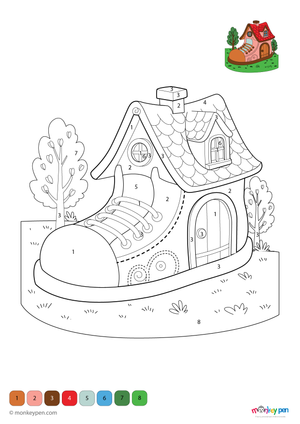 A whimsical shoe house with windows, flowers, and a tiny door featured in a free downloadable PDF color-by-number activity for children.