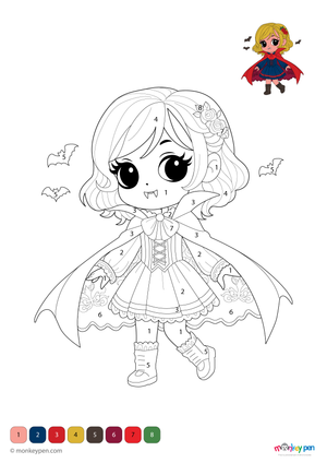 A friendly girl vampire in a flowing cape featured in a Halloween-themed color-by-number worksheet, available as a fun and free downloadable PDF for children.