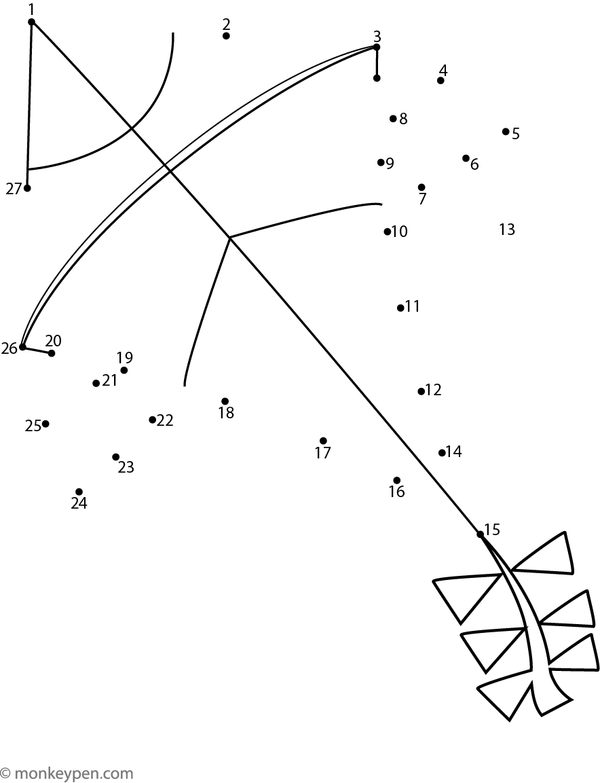 Children's dot-to-dot worksheet of a cartoon kite with a tail for connecting and coloring.