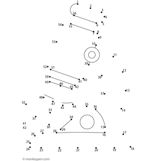 Children's dot-to-dot worksheet of a cartoon microscope to connect and color.