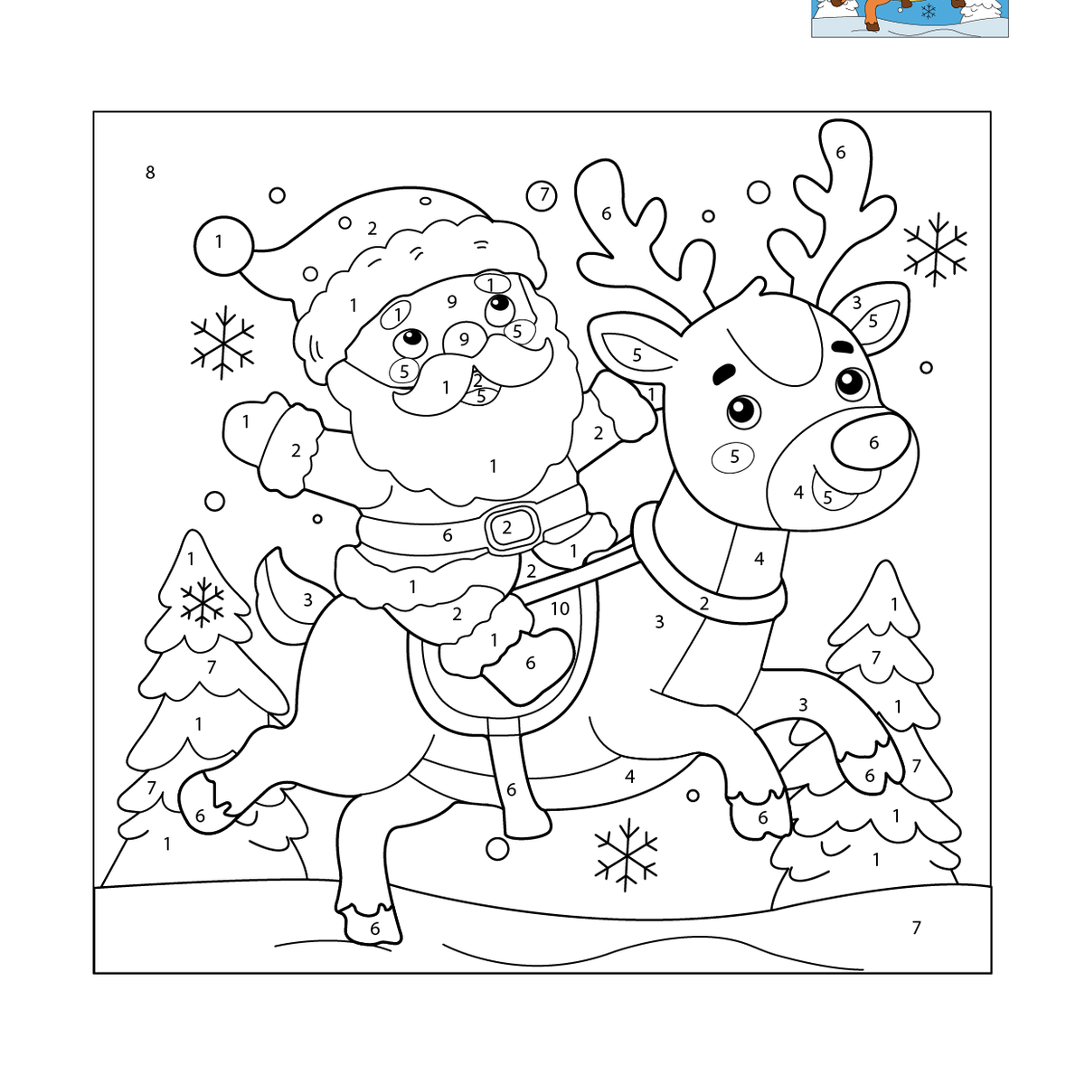 Santa Riding Reindeer Color by Number