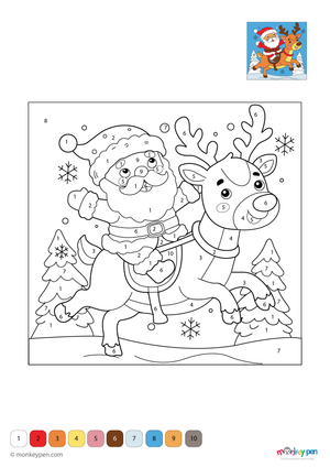 A festive color-by-number PDF featuring Santa riding a reindeer through a snowy sky, available as a free holiday-themed download for children to color and enjoy.