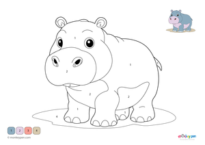 A happy hippo standing in water with lily pads in a nature-themed color-by-number worksheet, available as a free downloadable PDF for kids to print and enjoy.