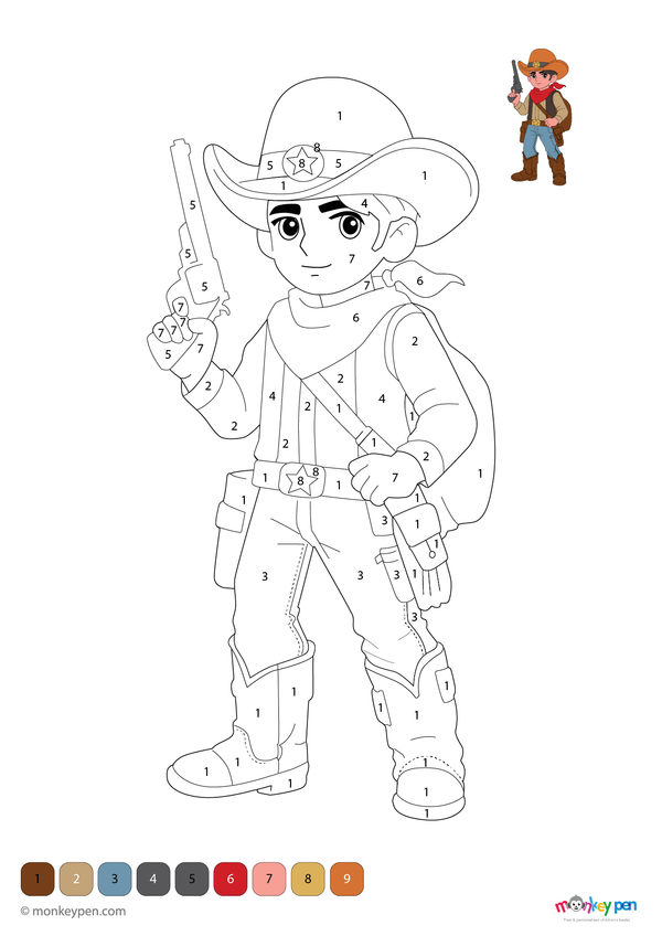 A friendly cowboy with a wide hat and boots in a fun western-themed color-by-number activity, offered as a free downloadable PDF coloring page for preschool learners.