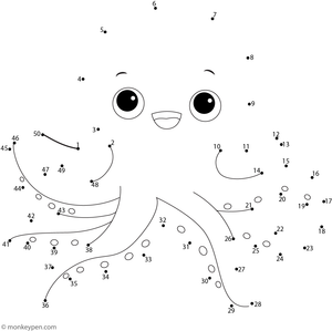 Children's dot-to-dot worksheet of a cartoon octopus with curling arms to connect and color.