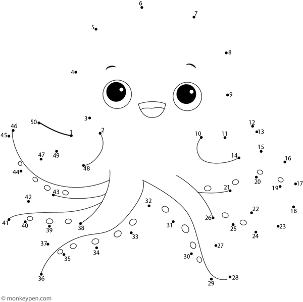 Children's dot-to-dot worksheet of a cartoon octopus with curling arms to connect and color.