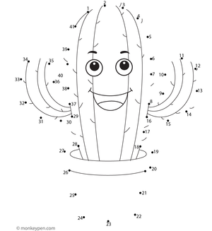 Children's dot-to-dot worksheet of a cartoon cactus to connect and color.
