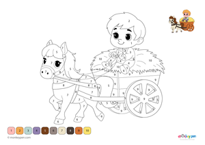 A horse-drawn hay cart set in a peaceful countryside, featured in a downloadable color-by-number PDF coloring page designed for toddlers to enjoy while learning numbers.