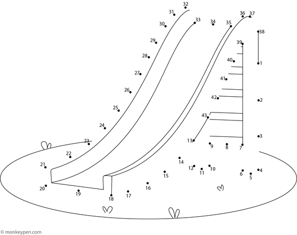 Children's dot-to-dot worksheet of a cartoon playground slide to connect and color.
