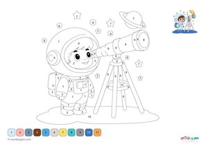 A child using a microscope in a science lab scene, featured in a fun, educational color-by-number PDF available for free download.