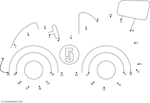 Children's dot-to-dot worksheet of a cartoon race car to connect and color.