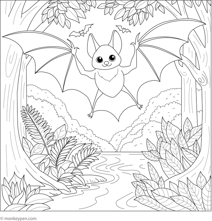 Bat In Forest Canopy Coloring Page