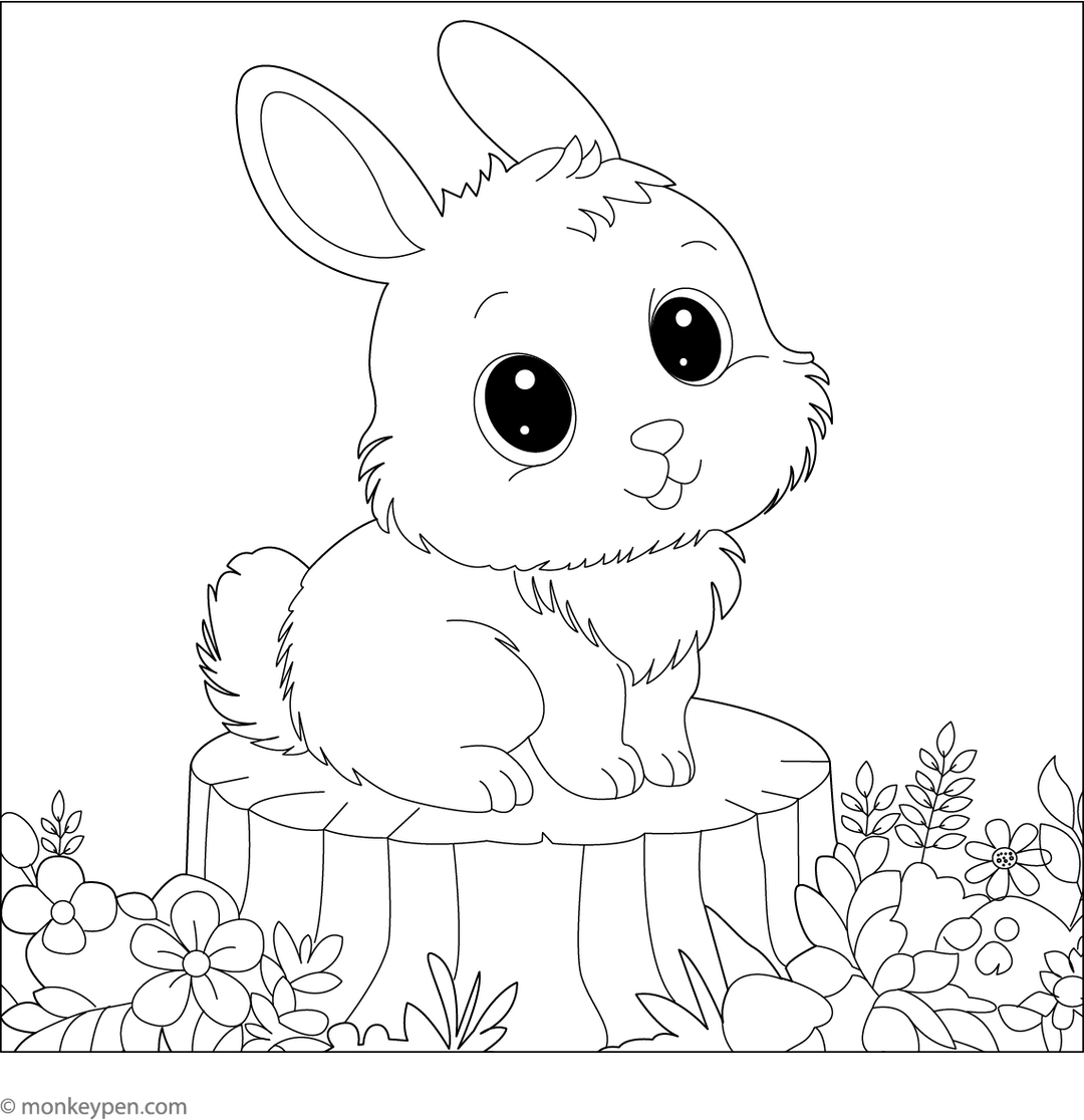 Cute Bunny Sitting On A Tree Stump Coloring Page