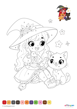A friendly young witch in a pointed hat with a broomstick, featured in a festive Halloween-themed color-by-number activity available as a free downloadable PDF for children.