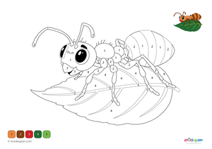 A tiny leafcutter ant carrying a leaf on a forest floor, featured in a nature-themed color-by-number worksheet available as a fun and free downloadable PDF for toddlers.