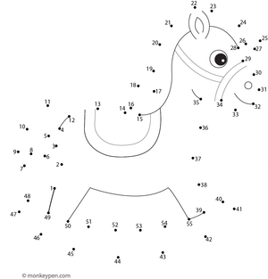Worksheet of a cartoon rocking horse for children to connect dots and color.