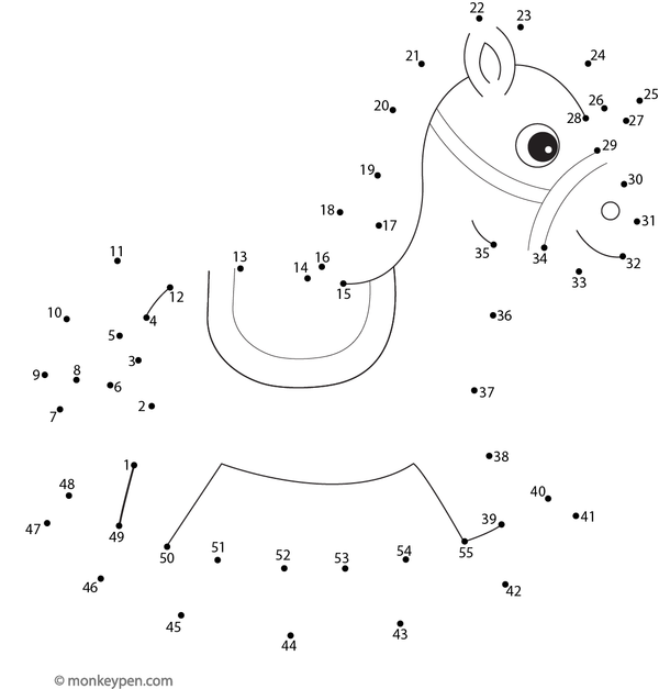 Worksheet of a cartoon rocking horse for children to connect dots and color.
