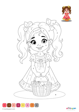 A smiling girl in a playful pose, featured in a color-by-number printable available as a free downloadable PDF for children to enjoy and color.