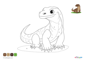 Free downloadable PDF color-by-number worksheet featuring a Komodo dragon with detailed scales and a natural habitat, great for kids to print and enjoy.
