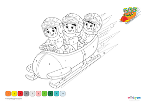 Action-packed bobsleigh color-by-number PDF for kids; free to download and print for winter-themed coloring fun.