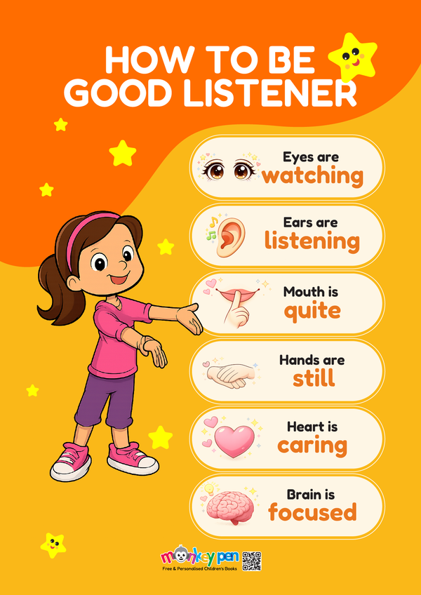 A friendly Good Listener for children  helping kids understand how to listen carefully and respectfully.