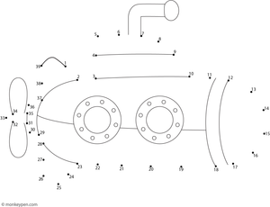 Worksheet of a cartoon submarine with portholes for children to connect dots and color.